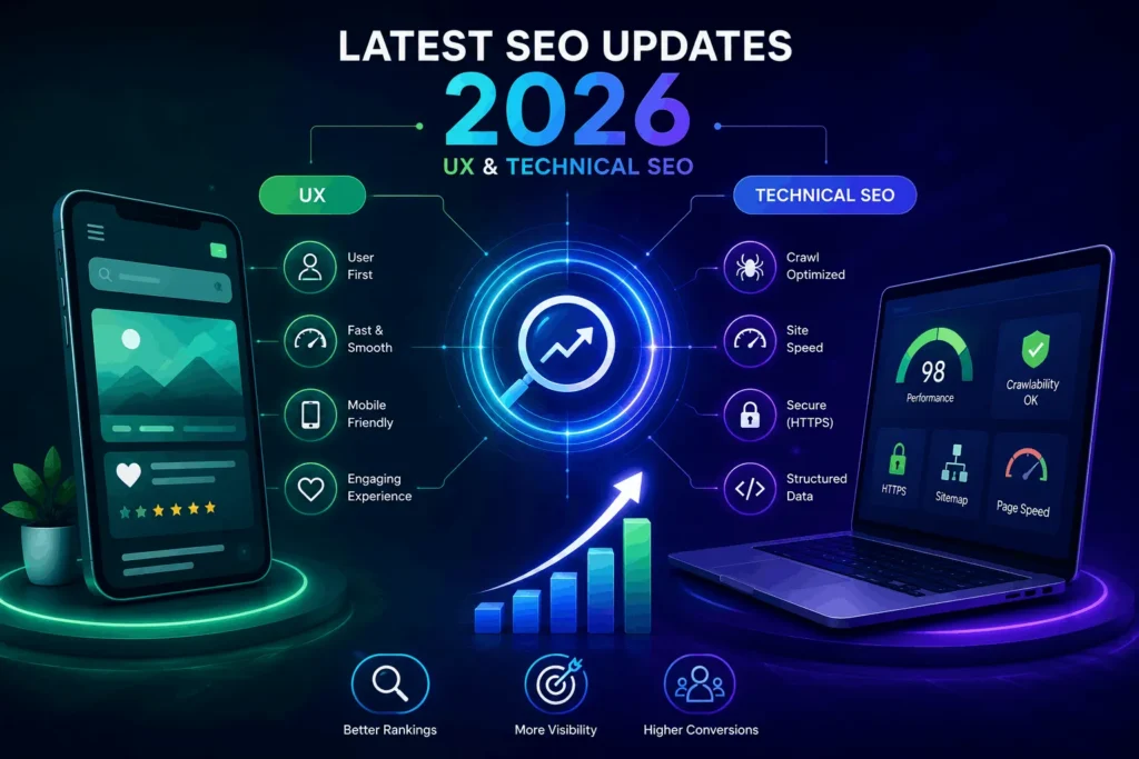 latest SEO updates 2026 UX and technical SEO concept