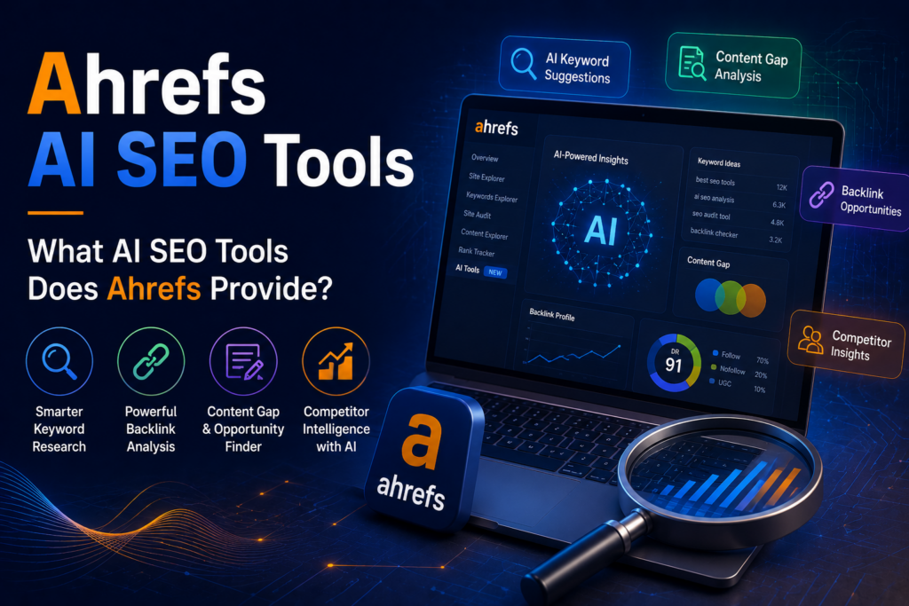 Ahrefs AI SEO tools dashboard with backlink and keyword analysis features