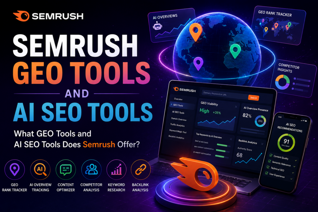 Semrush GEO tools interface with AI Overview tracking and SEO analytics