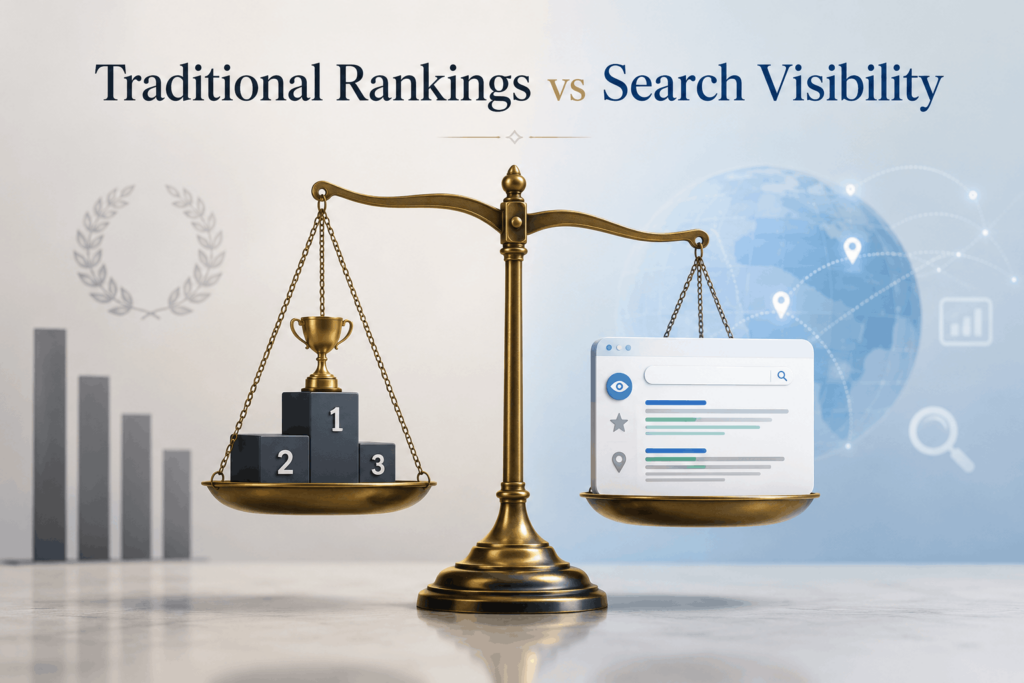 Rank tracking tools SEO showing traditional rankings vs. modern search visibility with AI Overviews