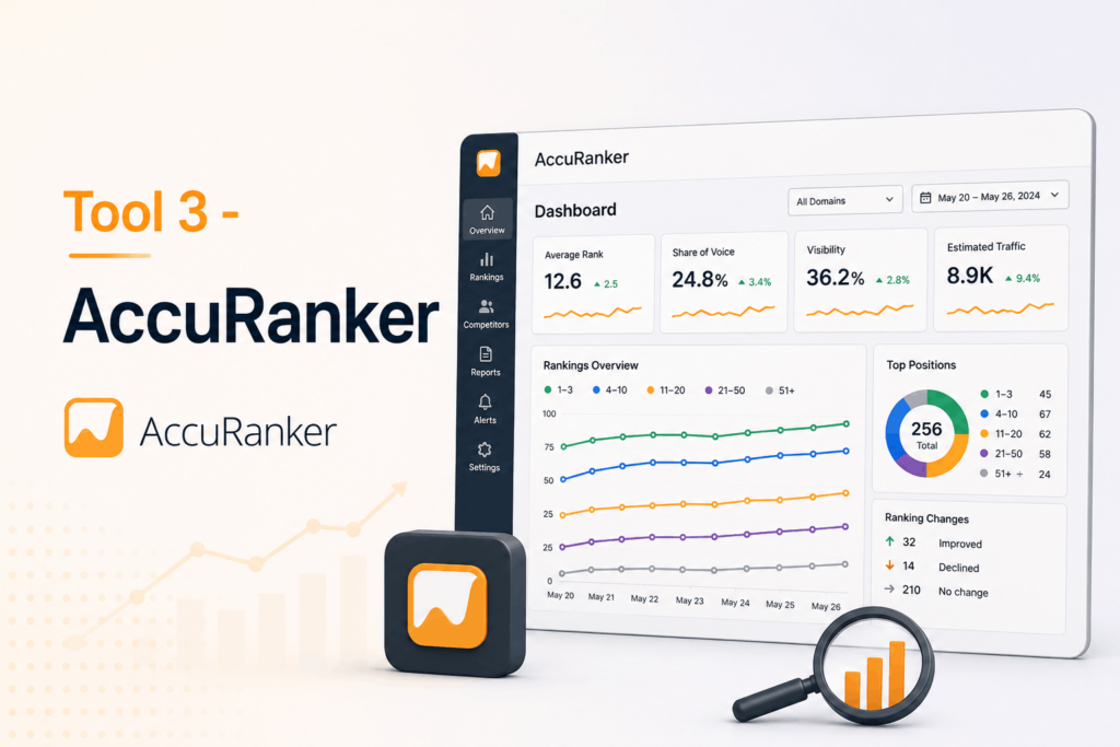 AccuRanker dashboard displaying keyword positions and rank tracking tools SEO metrics