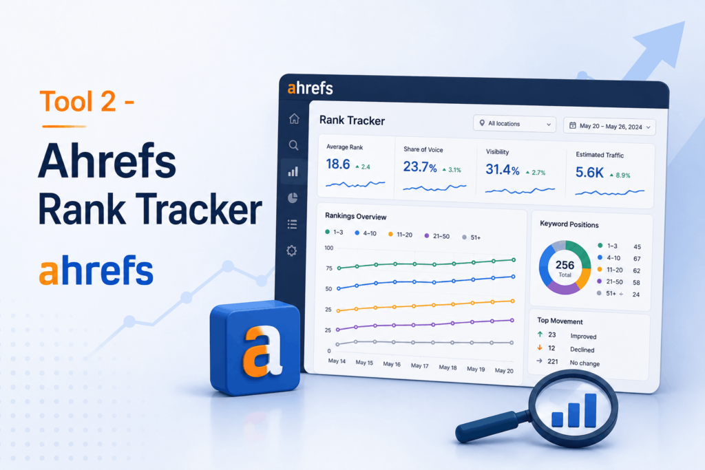 Ahrefs Rank Tracker interface showing keyword performance and rank tracking tools SEO data