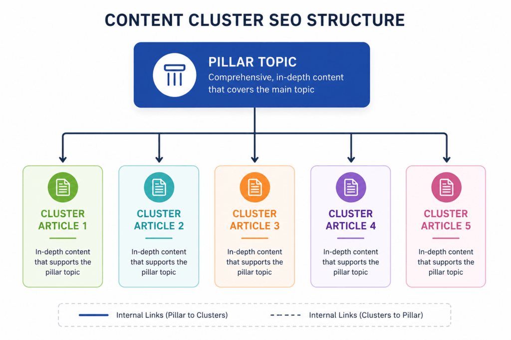 Example of a pillar page content cluster strategy with one pillar page and supporting cluster content