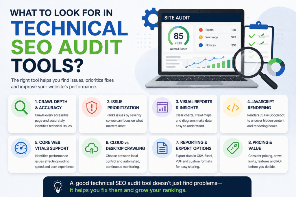 Key features to consider when choosing technical SEO audit tools, including crawl depth, reporting, and JavaScript rendering