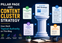 Pillar page content cluster strategy infographic showing topical authority and SEO content clusters