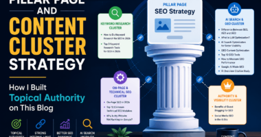Pillar page content cluster strategy infographic showing topical authority and SEO content clusters